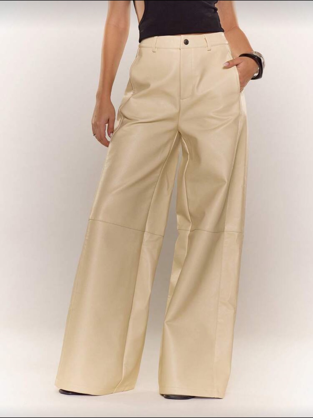 Wide-Leg Vegan Leather Pants In Beige
